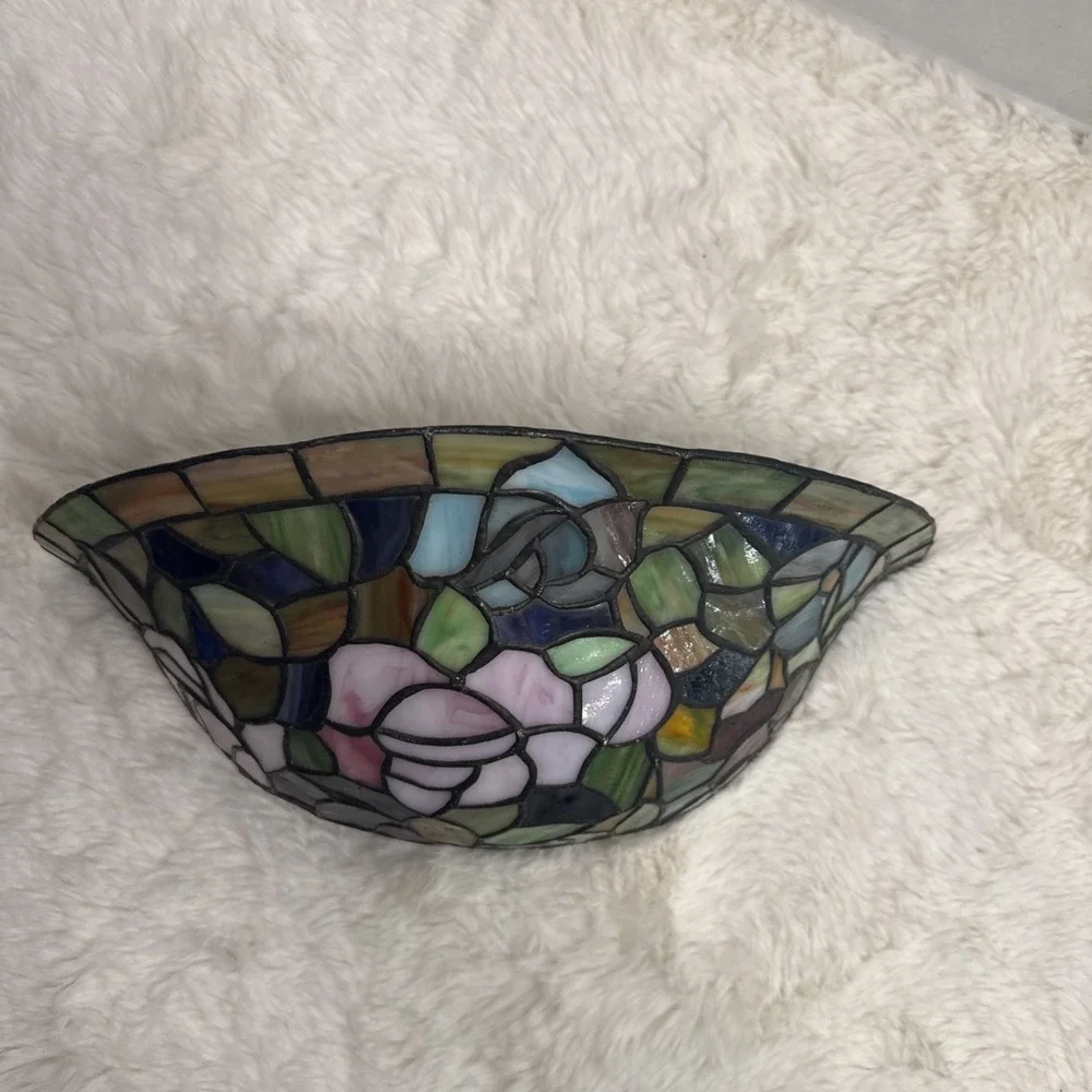 Tiffany Style Wall Sconce Rosebush Floral Vintage Stained Glass Round Fan Light